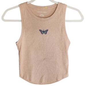American Eagle Ribbed Tank Top Butterfly Graphic Beige Crop Medium Y2K